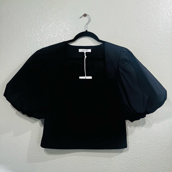New Frame Nina Black Puff Sleeve Cropped Blouse Size Medium - Picture 4 of 13